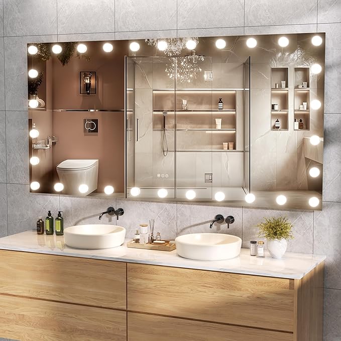 Hasipu LED Bathroom Mirror with Lights, 71" x 36" Hollywood Wall-Mounted Bathroom Mirror with 30 Dimmable Bulbs, 3 Colors Modes, Touch Control, Anti-Fog, Memory Function, Shatter-Proof, ETL Listed