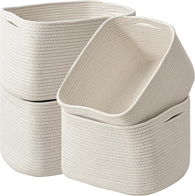 Storage Baskets for Organizing & Shelves, Woven Cotton Rope Organization Bins for Dog Toys, Clothes, Books, Nursery Organizer, 15" Lx11''Wx9.5''H, (4 Packs) Off White