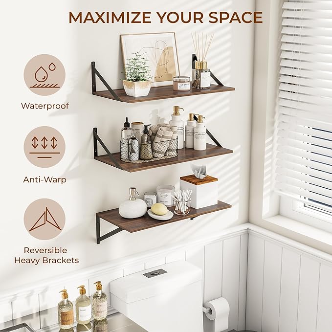Heimlove 24" W x 12" D Wall Shelves for Books, 12 Inch Deep Floating Shelves Set of 3, Wide Floating Bookshelf with Metal Bracket for Living Room, Kitchen, Office, Bedroom and Decor Storage - Walnut