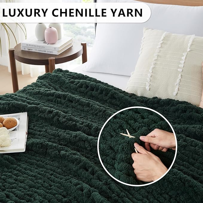 L'AGRATY Chunky Knit Blanket Throw: 72''x84'' Chenille Chunky Knitted Throw Blanket for Bed Couch - Handmade Thick Big Cable Knit Blanket - Large Chunky Crochet Rope Blanket for Home Decor(Green)