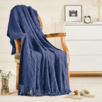 inhand Navy Blue Throw Blanket for Couch and Bed, Soft Living Room Home Decor Knitted Blanket with Tassel, Outdoor Lightweight Breathable Summer Blanket, Farmhouse Warm Woven Decorative, 50"x60"