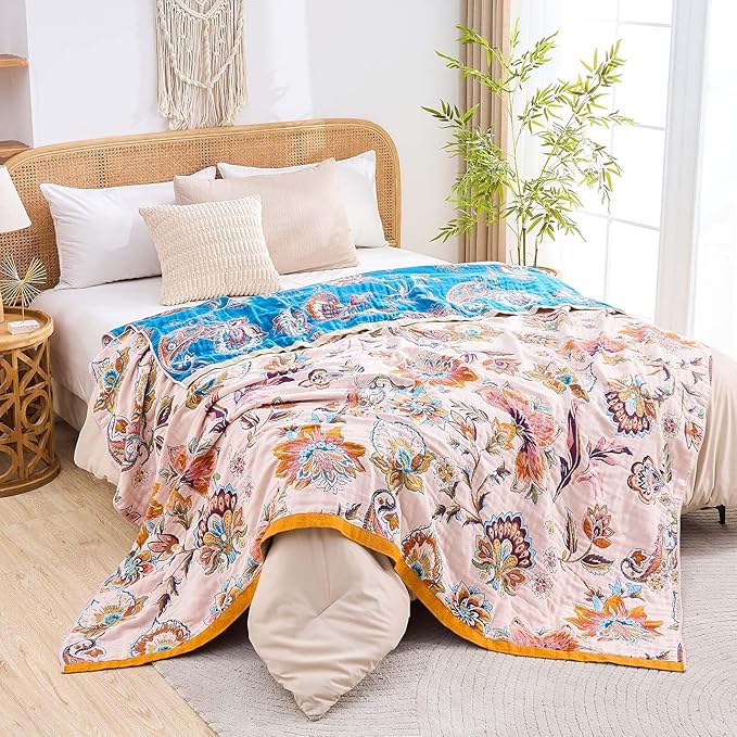 Boho Throw Blanket for Bed, 100% Cotton Soft Rustic Quilt Fall Blanket, 50"x60" Floral Printed Farmhouse Decor Bed Blankets, All Season Rustic Reversible Bohemian Throw Quilt