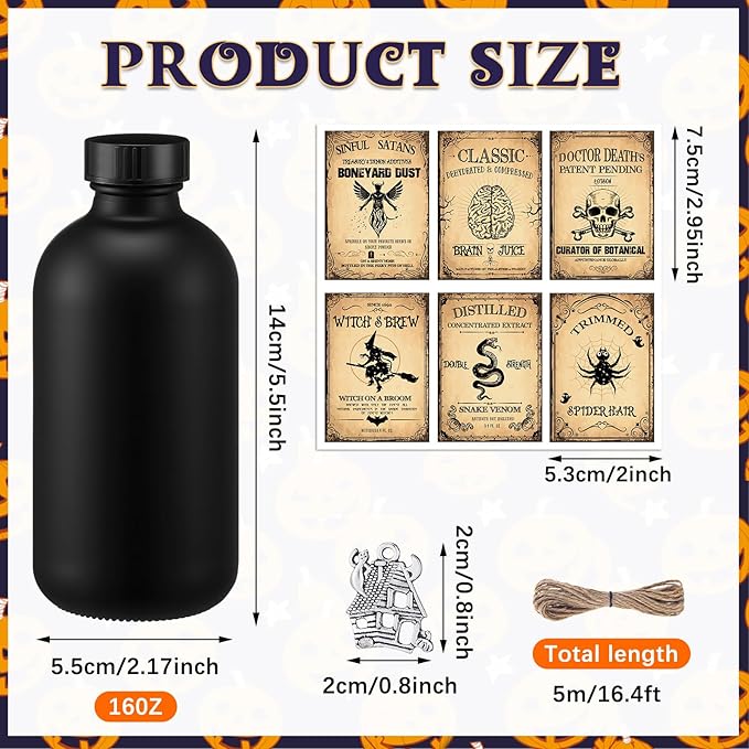 Uiifan 31 Pcs Halloween Potion Bottles Set Including Glass Apothecary Bottles with Cork Stickers and Pendants Halloween Decorations Indoor Party Supplies (Black,8.5 oz)