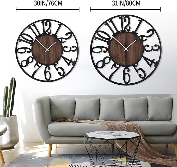 LEIKE 32" Oversized Large Wall Clocks,Silent,Non Ticking,Battery Operated Modern Round Big Wood Decorative Metal Wall Clock for Living Room, Bedroom,Kitchen,Farmhouse,Office Decor - Black,32 Inch