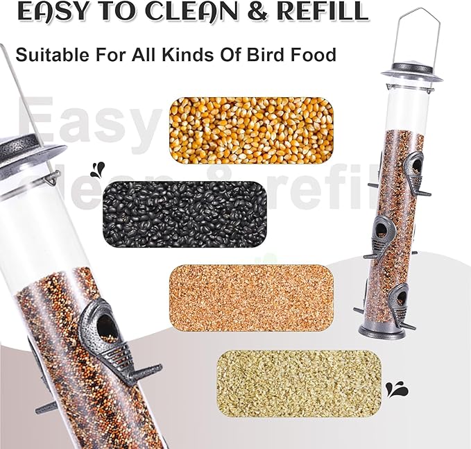MIXXIDEA 1PK Metal Bird Feeders with 6 Feeding Ports,Tube Bird Feeder with Steel Hanger,Hard Plastic Wild Bird Feeder for Outdoors Hanging, Attracting Birds in Your Lawn, Garden, Balcony-Grey