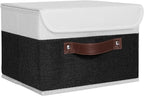 ANMINY Storage Boxes with Lids Washable Decorative Storage Bins Basket with PU Leather Handle Foldable Linen Fabric Storage Cubes Containers for Home Closet Organizer - Black White, Small Size