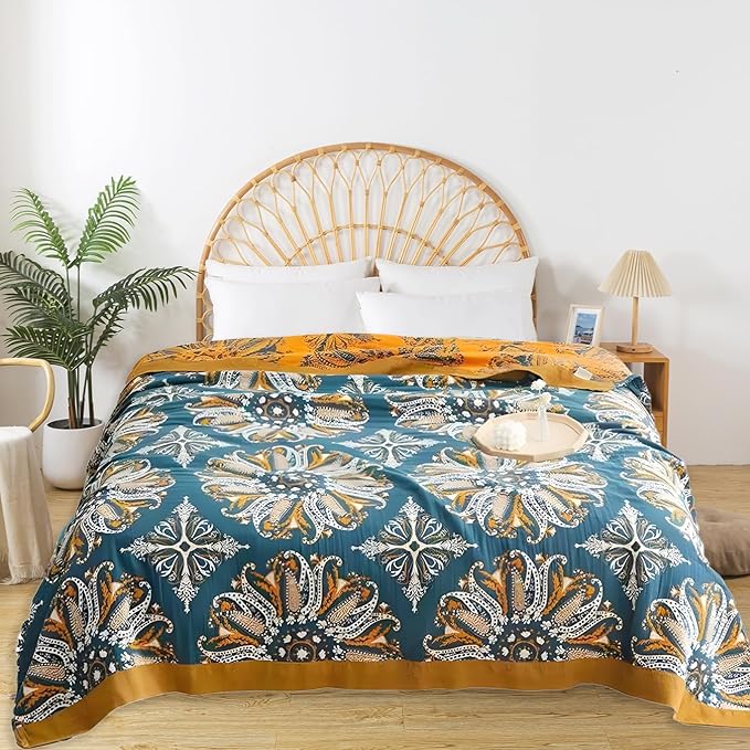 Boho Throw Blanket for Bed - 100% Pure Cotton Ultra Soft Rustic Quilt - Farmhouse Decor Bed Blankets, All Season Rustic Throw for Sofa Couch Chair(60"×80", Boho Floral)