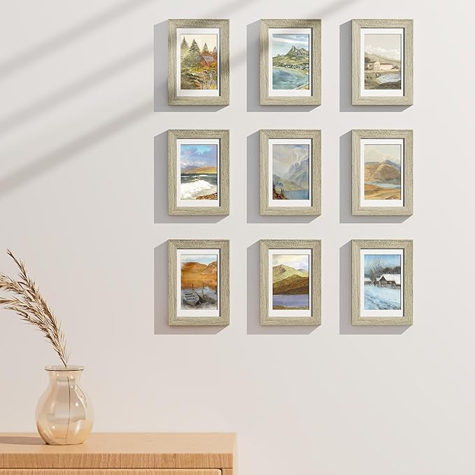 Vittanly 4x6 Picture Frames Set of 9, Shatter Resistant Plexiglass, Display 3.5x5 Pictures with Mat or 4x6 without Mat, Photo Frames for Wall or Tabletop, Engineered Wood, Driftwood