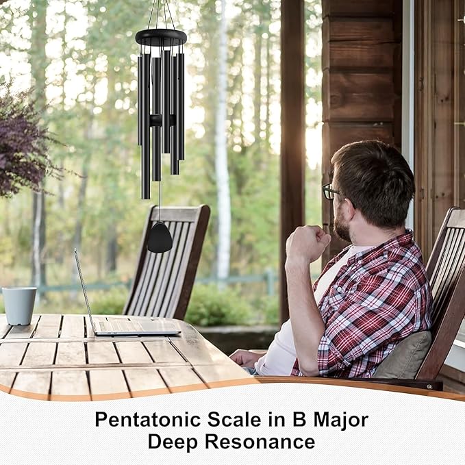 Large Aluminium Wind Chimes 37 Inches to Create a Zen Atmosphere Suitable for Outdoor, Garden, Patio Decoration. Classic Wind Chimes with Wind Catcher as a Gift for Unisex(Whole Black)