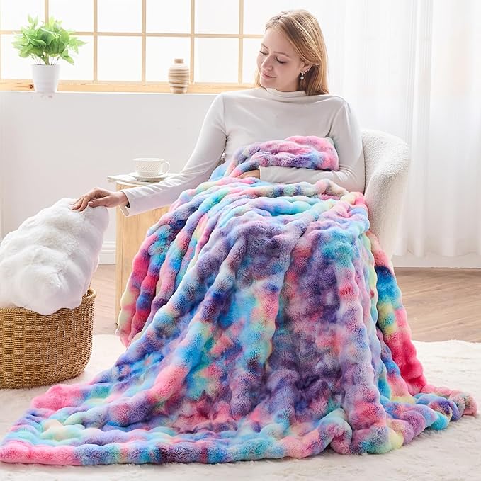 NEWCOSPLAY Faux Fur Throw Blanket Dark Rainbow Luxury Fluffy Thick Warm Bubble Blanket for Couch Sofa Bed 700GSM (Dark Rainbow, Throw(50"x60"))