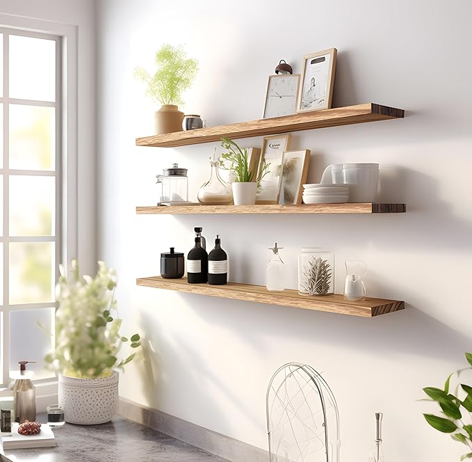Wood Floating Shelves for Wall Decor, Rustic Wall Shelves for Bedroom Bathroom Kitchen Living Room, Set of 4 Light Walnut 48 Inch