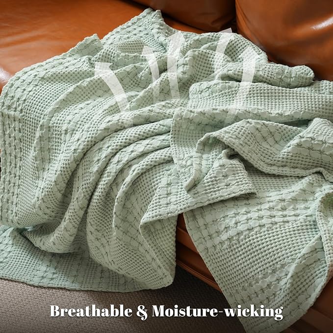 PHF 100% Cotton Waffle Weave Blanket Twin Size, Soft Lightweight Breathable Cozy Summer Blankets for Bed, Luxury Aesthetic Woven Bedding for Home Decor, 66"x90", Sage Green