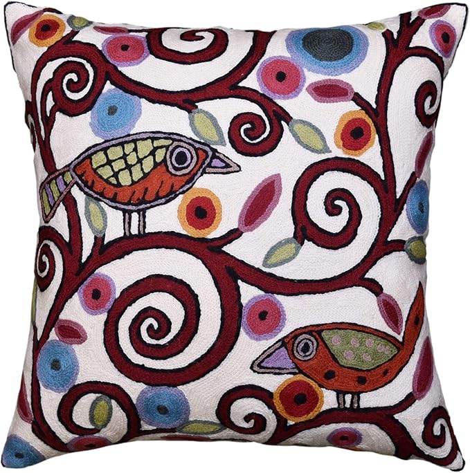 Cream Tree of Life Pillow Cover Birds White Floral Pillowcase Flower Accent Botanical Pillowsham Suzani Cushions Modern Plant Floral Cushion Hand Embroidered Wool Size 18x18