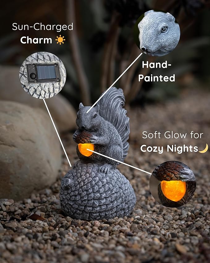 Solar Garden Statue – Hand-Painted Resin Squirrel on Pinecone with Glowing LED Acorn – Charming Yard, Patio & Balcony Decor – Gift for Mom, Grandma & Garden Lovers