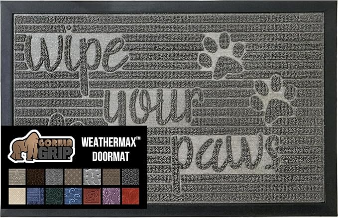 GORILLA GRIP 100% Waterproof All-Season WeatherMax Doormat 35x23, US Designed Natural Rubber, Stain and Fade Resistant, Low Profile Indoor Outdoor Door Mats, Easy Clean Patio Mat, Stone Paws