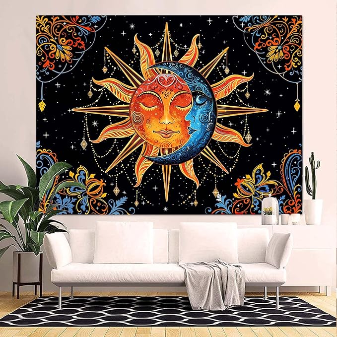Lunerfex Sun and Moon Tapestry Mandala Wall Tapestry, Cute Tapestries for Bedroom Ceiling Tapestries Wall Hanging for Bedroom Living Room Decor Sun-1 70"x90"