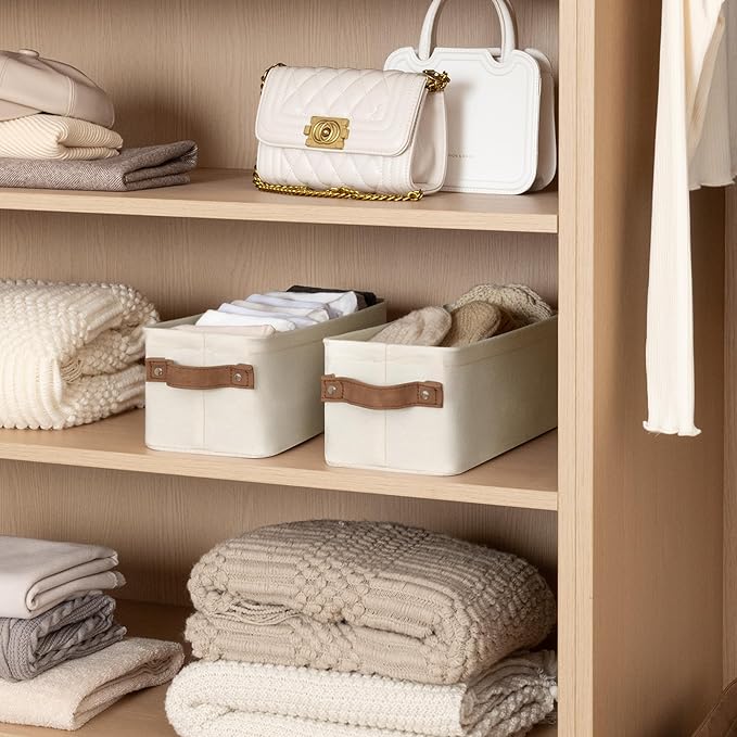 StorageWorks Narrow Storage Bins, Small Basket for Closet and Shelves, Fabric Organizer with Handles, Toilet Paper Storage, Natural Color, 2-Pack