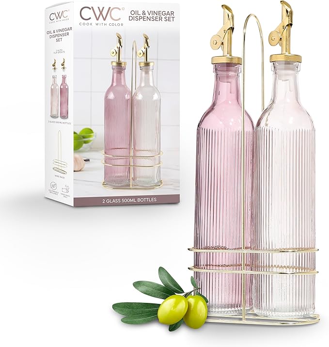COOK WITH COLOR Glass Olive Oil Bottle Dispenser - 2 Pack- 17oz Oil and Vinegar Cruet - Olive Oil Carafe Decanter for Kitchen