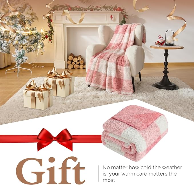 LURKA Checkered Sherpa Fleece Twin-Size Bed Blanket - Extra Thick and Warm Winter Soft Fuzzy Plush Blanket for Couches, Beds & Pets, Powder Pink, 60x80 Inches