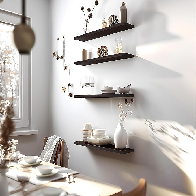 24 Inch Floating Shelves for Wall Rustic Brown Wood Wall Shelves for Bedroom Set of 4