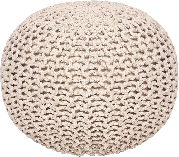 REDEARTH Round Pouf Ottoman - Cable Knitted Boho Poof - Home Décor Cord Pouffe Handmade Circular Footrest for Living Room - Bedroom - Kids Bedroom - 100% Cotton Pouf (18" x 18" x 14") - Ivory