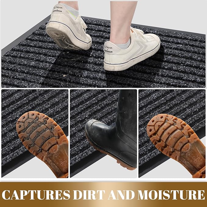 Yimobra Front Door Mat Outdoor Indoor Entrance, 100% Waterproof All-Season All Weather Doormat, Welcome Matt Outside Entry, Non Slip, Low Profile, Heavy Duty Patio Porch Floor Mats,47 x 32,Black Grey
