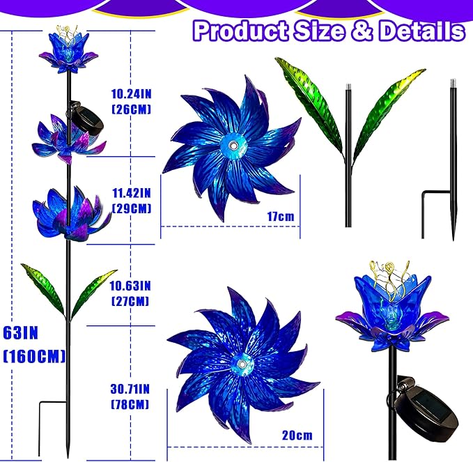 Solar Wind Spinner Outdoor, 63 Inch Metal Wind Spinner Yard Art with LED Lights, Three-Layer Flower Design Pinwheels for Yard and Garden Decor, Solar Garden Decor