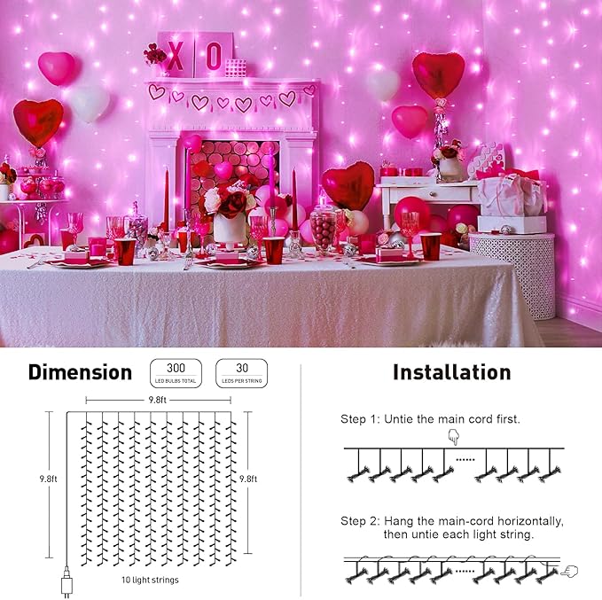 JMEXSUSS 300 LED Pink Curtain Lights Indoor, Christmas Lights Plug in, 8 Modes Pink String Lights for Bedroom Window Wall Party Backdrop Xmas Valentine Decorations, 9.8x9.8ft