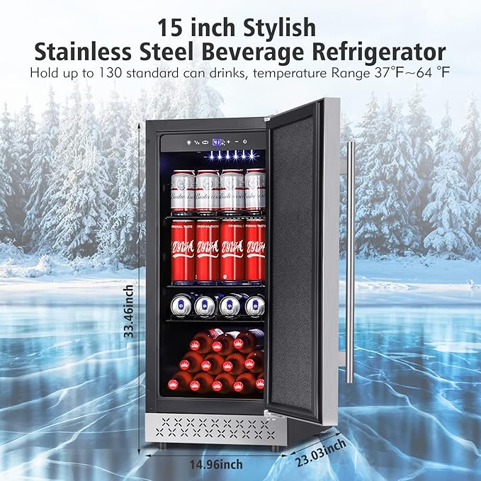Tylza Beverage Refrigerator 15 Inch Wide, Mini Fridge Stainless Steel Under Counter Beverage Cooler, 130 Cans Beer Fridge with Built-in and Freestanding Beverage Fridge