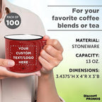 DISCOUNT PROMOS Custom Ceramic Campfire Coffee Mugs 13 oz. Set of 100, Personalized Bulk Pack - Perfect for Tea, Espresso, Cappuccino, Hot Cocoa - Red