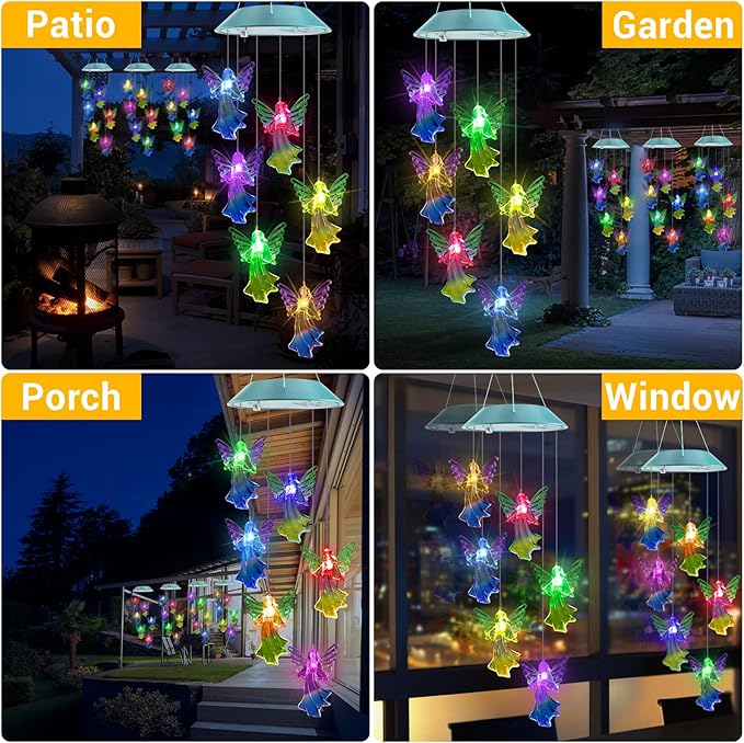 Toodour Solar Wind Chimes, Color Changing Angel Wind Chimes, LED Decorative Mobile, Gifts for Mom Grandma, Waterproof Outdoor Decorative Lights for Garden, Patio, Yard, Window Outdoor Decor