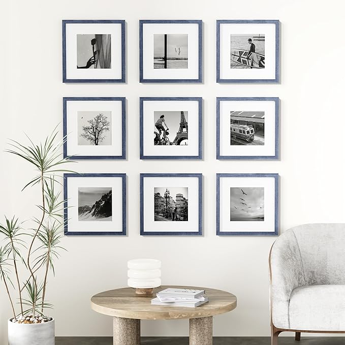 Vittanly 12x12 Picture Frames Set of 9, Shatter Resistant Plexiglass, Display 8x8 Pictures with Mat or 12x12 without Mat, Photo Frames for Wall Mount, Engineered Wood, Navy