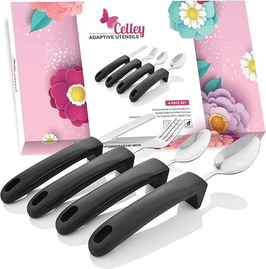 Adaptive Eating Utensils by Celley for Elderly, Handicapped | 4pc Easy Grip Silverware Stainless Steel Knife, Fork, 2 Spoons – (Black)
