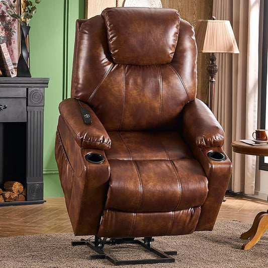 SALOHZA Power Lift Recliner Chair for Elderly with Massage and Heat for Living Room, Electric Recliner Chair for Adults with USB/Type C Port/Cup Holders, PU Faux Leather, Light Brown