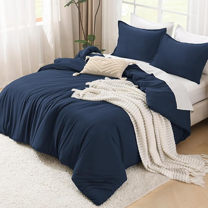 Litanika Navy Blue Comforter Full Size Set, 3 Pieces Lightweight Solid Bedding Comforter Set, All Season Fluffy Bed Set