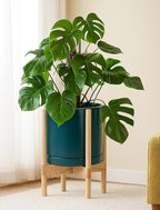 D'vine Dev Ceramic Planter with Natural Stand - 12 Inch Modern Round Flower Pot with Wood Planter Holder, Teal, 55-B-J-4