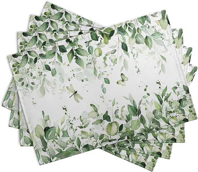 Sage Green Leaf Placemats Set of 4 Eucalyptus Leaves Place Mats 12×18 Inch Spring Summer Rustic Vintage Farmhouse Washable Linen Fabric Table Mats for Party Kitchen Dining Outdoor Indoor Decor