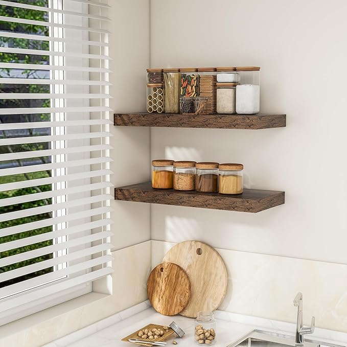RICHFOCUS 24Inch Floating Shelves for Wall 2 Pack Shelves for Bedroom|Kitchen|Bathroom Wall Mounted Rustic Wood Floating Shelf with Invisible Brackets for Books|Storage|Decor, Rustic Brown