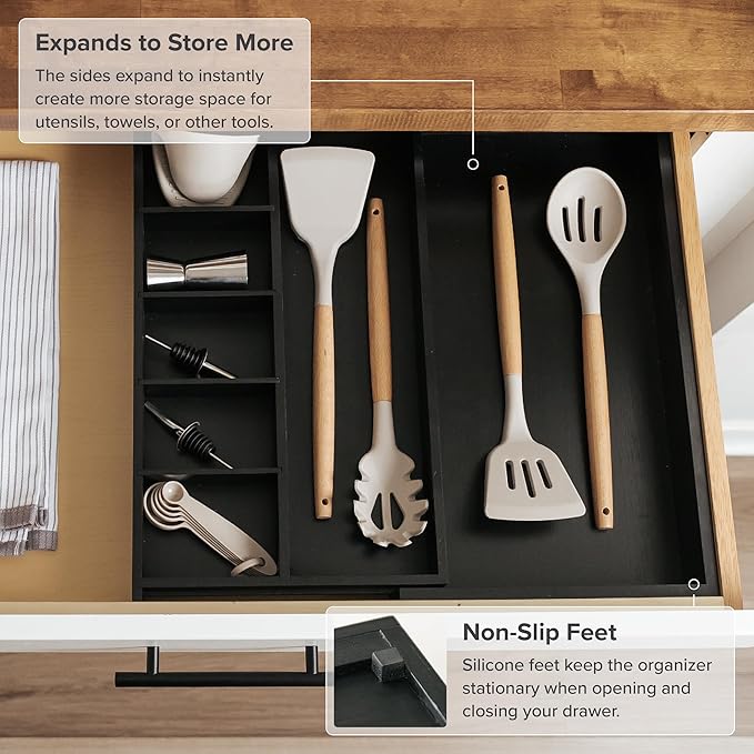 Adjustable Kitchen Drawer Organizer for Utensils and Junk, Food-Safe Contract Grade with 100% Sustainable Wood, Expandable from 10.5 to 19 Inches Wide - Black Bamboo