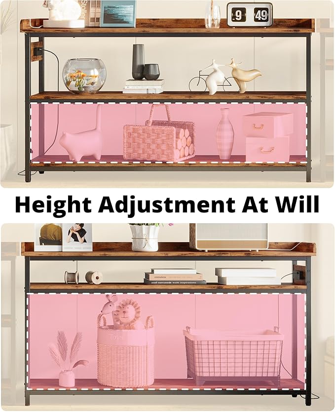 IRONCK Console Table, Sofa Table with Power Outlet, Farmhouse Hallway Table for Entryway, Living Room, Height Adjustable, Easy Assembly, Rustic Brown,55"