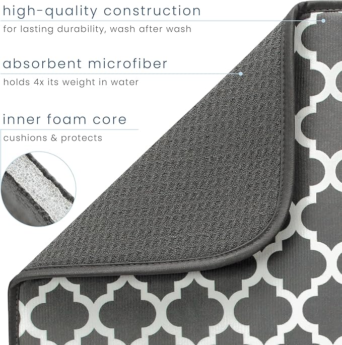 S&T INC. Dish Drying Mat XL, 18” x 24”, Absorbent Microfiber Kitchen Counter Mat, Dish Drying Pad for Dishes, Utensils, Pots and Pans, Extra Large, Pewter Grey Trellis