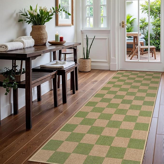 Lahome Checkered Entryway Runner Rug, 2x8 Green Washable Rug Runners for Hallway Non Slip, Farmhouse Indoor Outdoor Non Shedding Kitchen Mats for Floor Porch Balcony