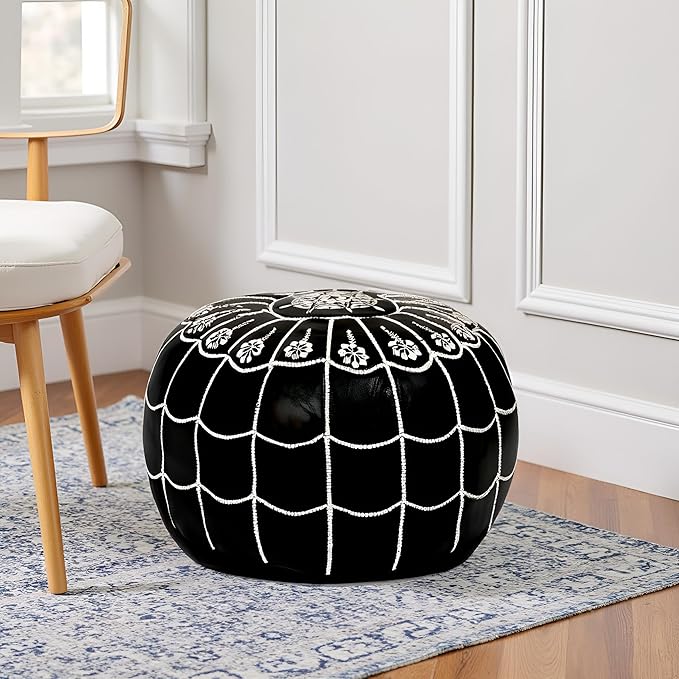 Stuffed Arch Design Moroccan Leather Pouf Ottoman, Handmade, Pre-Filled, 100% Genuine Leather, 14” Height x 22” Diameter – Boho Chic Footstool & Living Room Décor (Black)