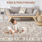 Washable Area Rugs for Living Room - 6x9 Neutral Vintage Distressed Floral Farmhouse Boho Large Soft Floor Rug Indoor Non Slip Carpet for Bedroom Dining Room Office - Grey Brown