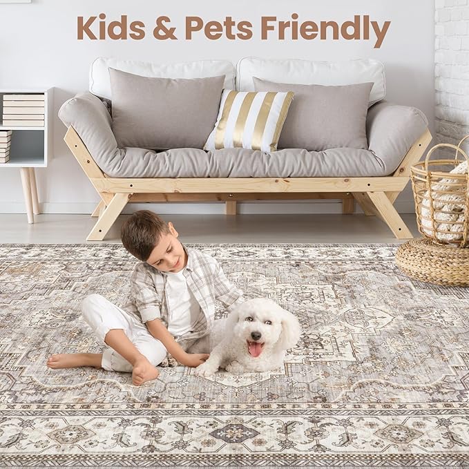 Washable Area Rugs for Living Room - 8x10 Neutral Vintage Distressed Floral Farmhouse Boho Large Soft Floor Rug Indoor Non Slip Carpet for Bedroom Dining Room Office - Grey Brown