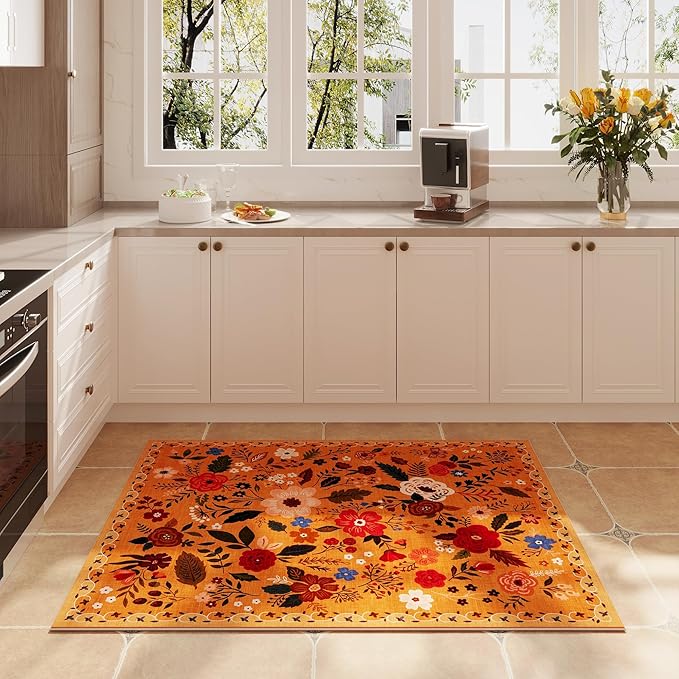 Door Mat Indoor Entrance 2x3 Rug Machine Washable Boho Floral Small Area Rug Non-Slip Low Pile Throw Rugs for Entryway, Kitchen, Front Door Indoor Entrance, Entry, Kids Room (Yellow)
