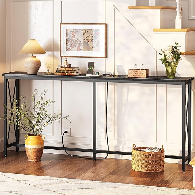 SUPERJARE 70 Inch Console Table with Outlets and USB-C Port, Extra Long Behind Couch Sofa Table with X-Shaped Design, Narrow for Entryway, Living Room, Metal Frame, Wooden Top, Black