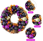 13.8 Inch Halloween Ball Wreath for Front Door with Lights, Lighted Cute Treat-or-Trick Door Wreath Ball Ornament for Halloween Indoor Decorations Centerpiece Party Holiday Wall Home Decor