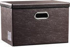 PRANDOM Large Collapsible Storage Bin with Lid [1-Pack] Leather Fabric Foldable Storage Box Organizer Containes Basket Cube with Cover for Home Bedroom Closet Office Nursery Brown (17.7x11.8x11.8)