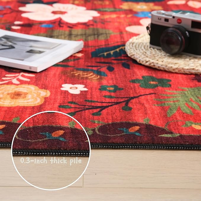 Door Mat Indoor Entrance 2x3 Rug Machine Washable Boho Floral Small Area Rug Non-Slip Low Pile Throw Rugs for Entryway, Kitchen, Front Door Indoor Entrance, Entry, Kids Room (Red)